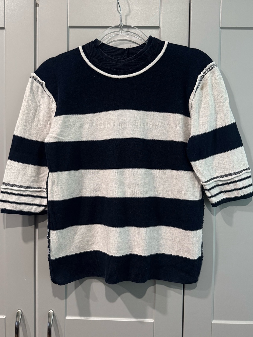 We The Free Navy and White Striped Short Sleeve Sweater
